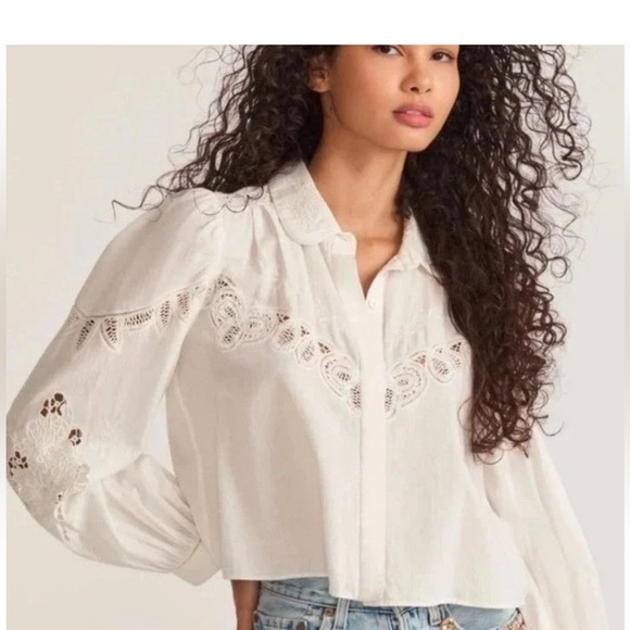 LoveShackFancy Tops - LoveShackFancy White Embroidered Blouse Size S